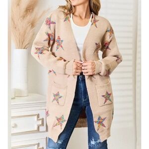 Double Take Long Line Open Cardigan Rainbow Colorful Stars Pockets Large Cozy‎